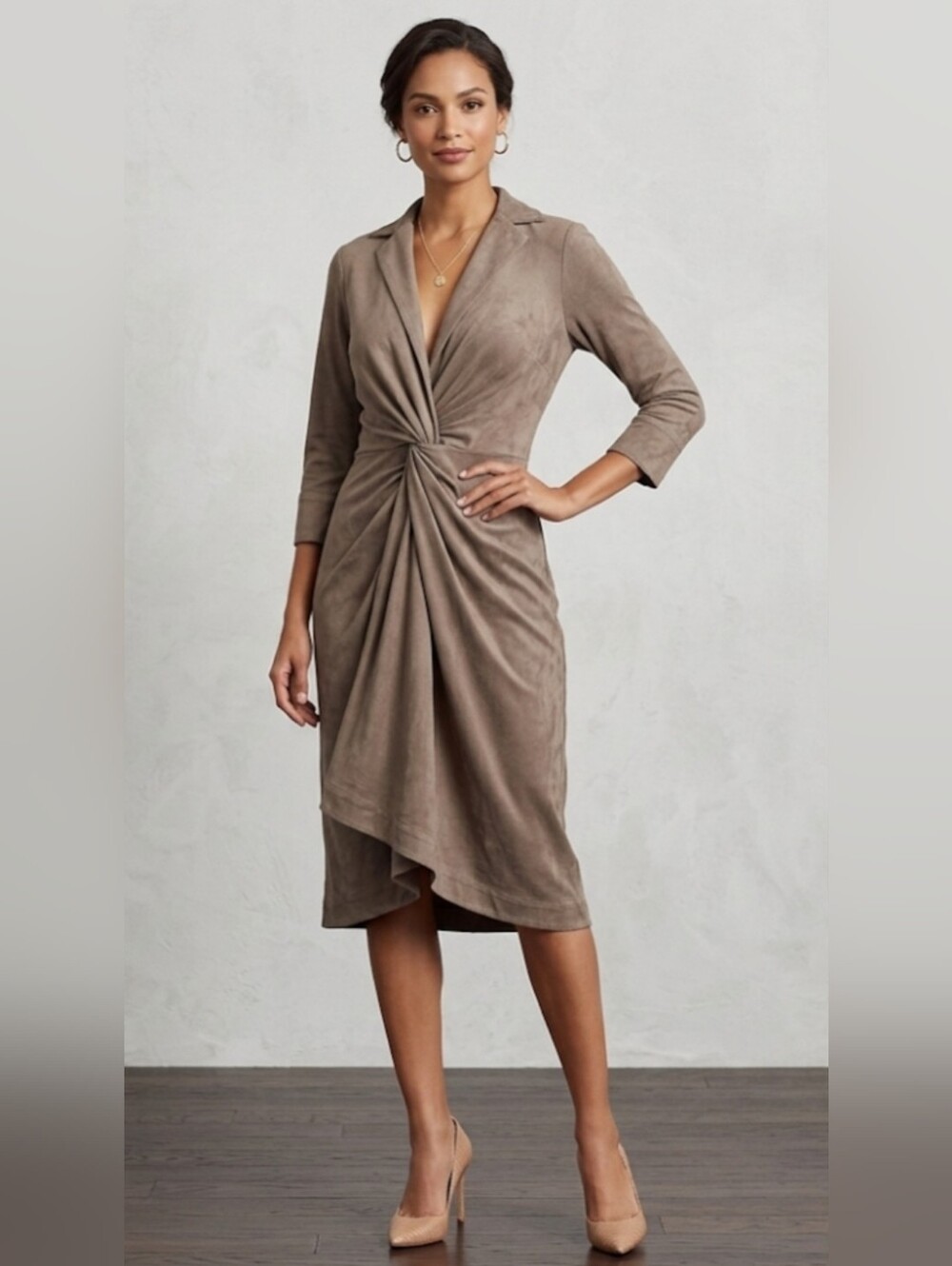 Byron Lars Beauty Mark Taupe Twist-Front Ultra Suede Shirt Dress 6